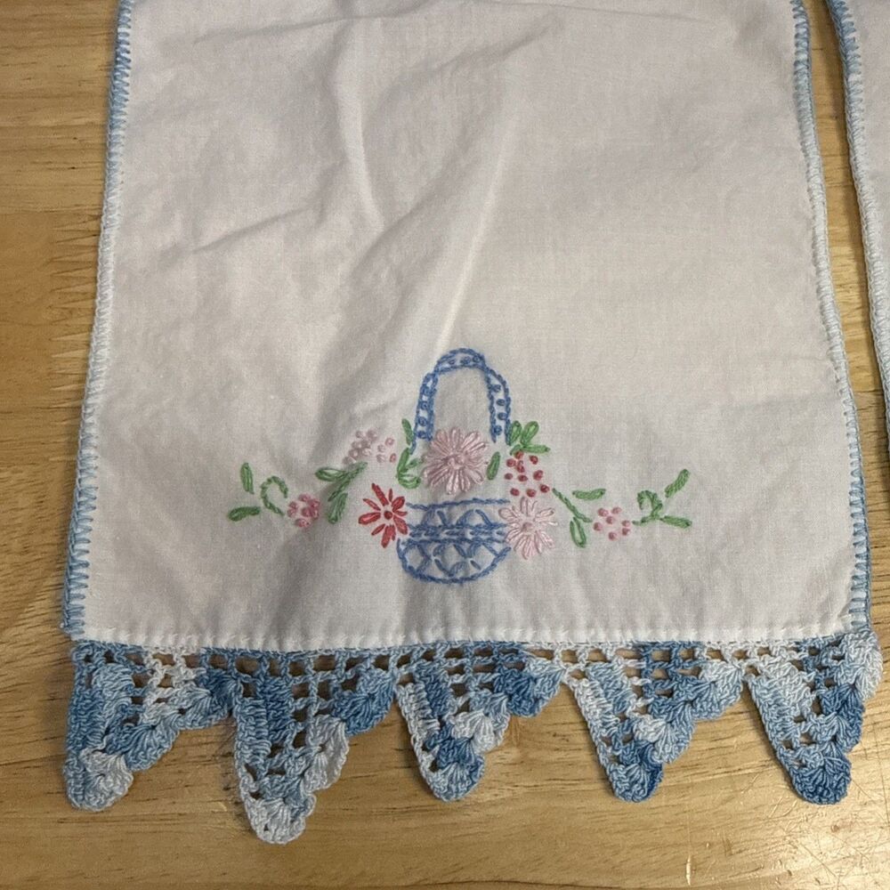 Embroidered Dresser Scarf Runner Flower Easter Basket Crochet Edge Set 2 13”x7” - Picture 2 of 9